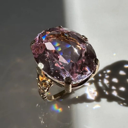 Luckacco 1 Fine Geometric Gorgeous Style Zirconia Metal Gold Color Pink Color Cocktail Ring Size 6-10