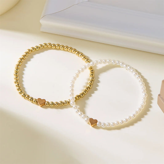 Luckacco Double Layer Minimalist Love Heart Gold Color Imitation Pearl Beaded Bracelets For Women Men Retro Cross Star Bangles Jewelry
