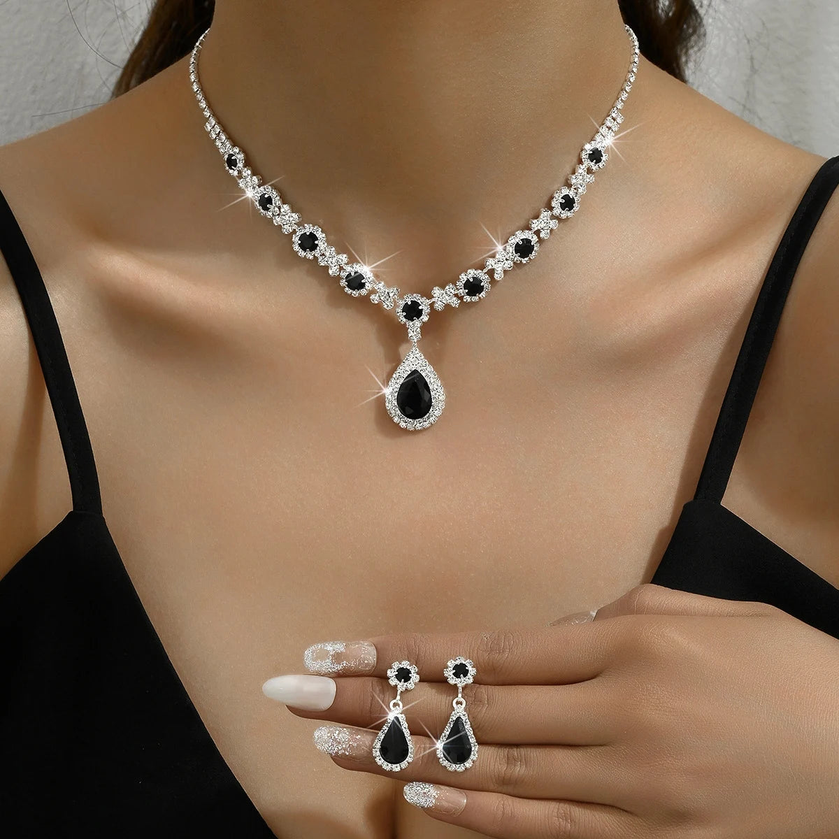 luckacco 3 pieces of women's crystal droplet necklace with earrings set for wedding evening dress accessories