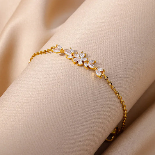 Luckacco Elegant Zircon Flowers Bracelet For Women Girls Charm Gold Color Stainless Steel Plant Bracelets Luxury Designer Jewelry Gifts