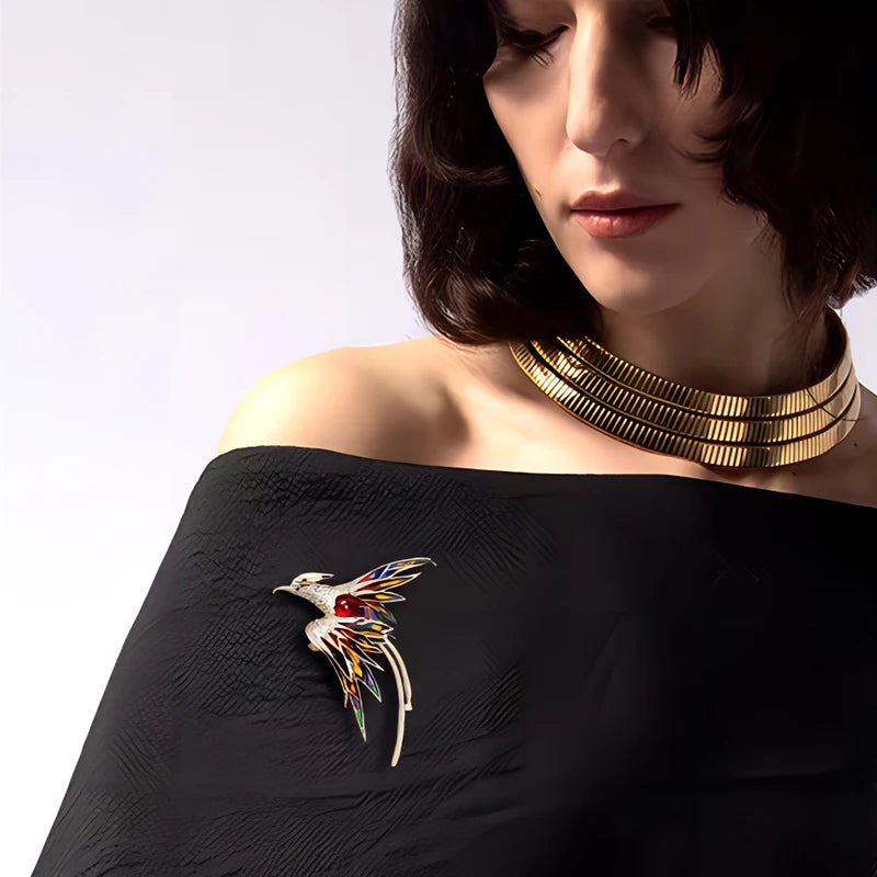 luckacco multicolor crystal phoenix brooch pin for women men enamel flying beauty bird party office accessories gifts