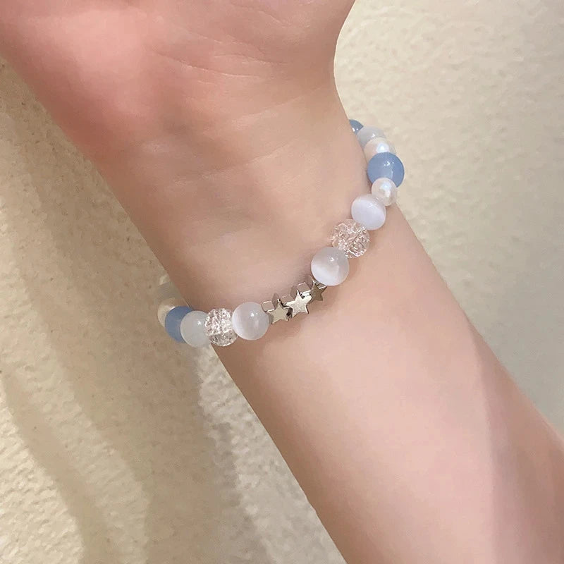 luckacco harajuku pentagram pearl beaded bracelets for women 2023 korean aesthetic cute star blue glass ball bracelets y2k jewelry gifts