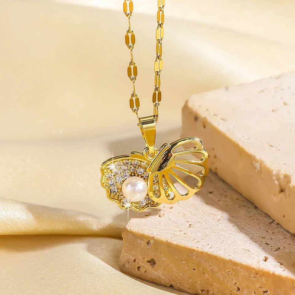 luckacco picks french shell pearl necklace for women gold color stainless steel zircon love heart clavicle chain choker wedding jewelry