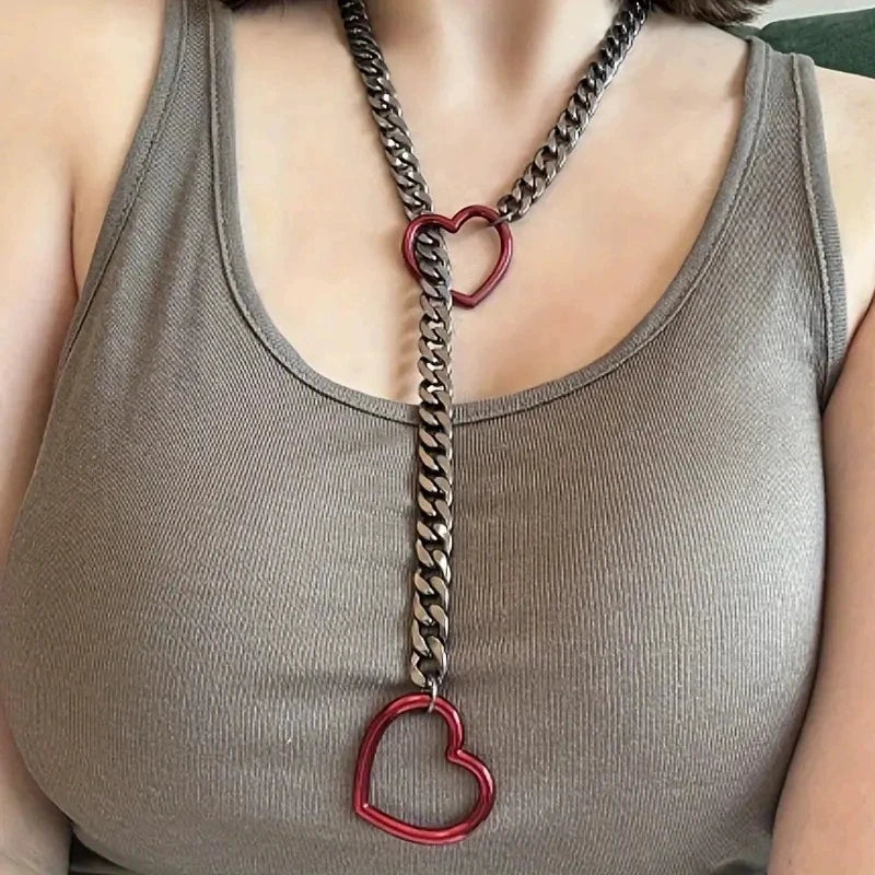 luckacco htpwe women's heart shaped o ring slip chain necklace stainless steel punk rock cuban jewelry, adjustable lariat chain jewelry