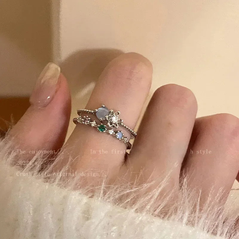 luckacco new y2k crystal rings kpop heart adjustable ring irregular geometry punk vintage rings set for women girls 2025 fashion jewelry