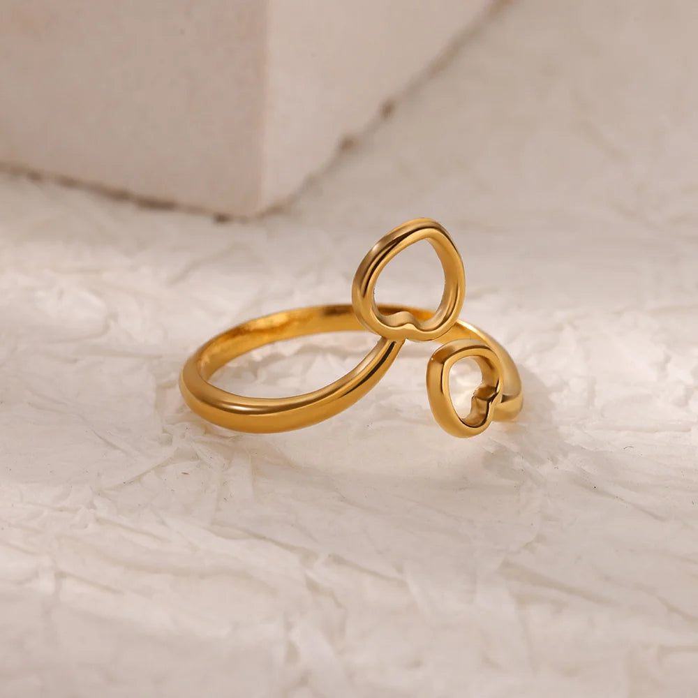 luckacco double heart rings for women gold color stainless steel open adjustable ring female fashion party wedding aesthetic jewelry gift