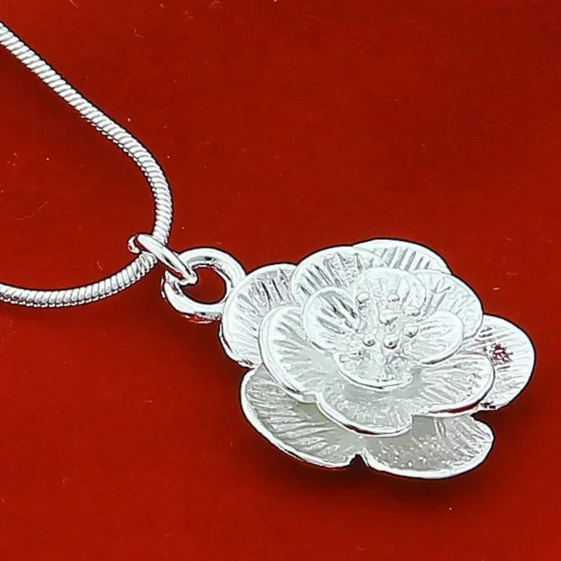 luckacco silver color rose flower pendant necklace 18/20-24/26/30 inch snake chain for women wedding engagement jewelry