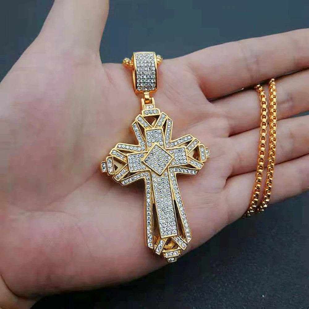 luckacco religious iced out zircon jesus cross pendant male gold color stainless steel christian big necklace for men jewelry gift 2025