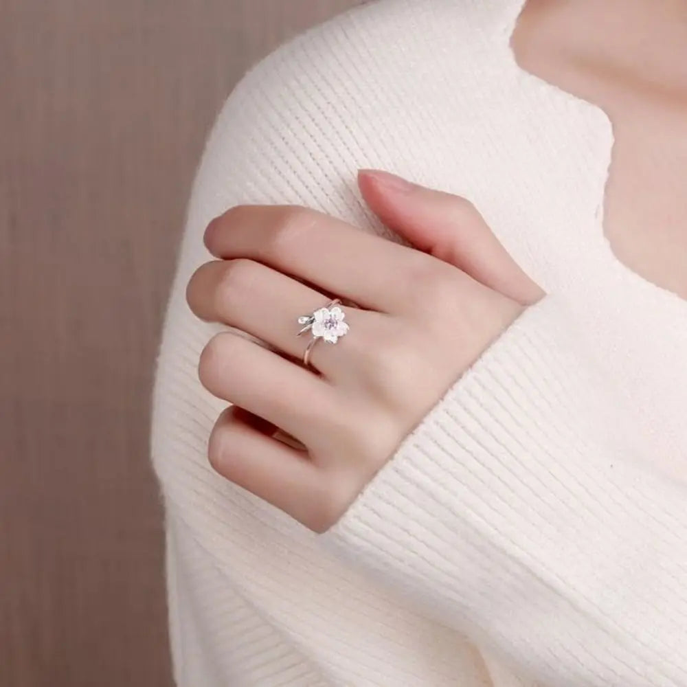 luckacco light luxury open finger ring temperament adjustable cherry blossom cuff ring pink rhinestone elegant daily jewelry female