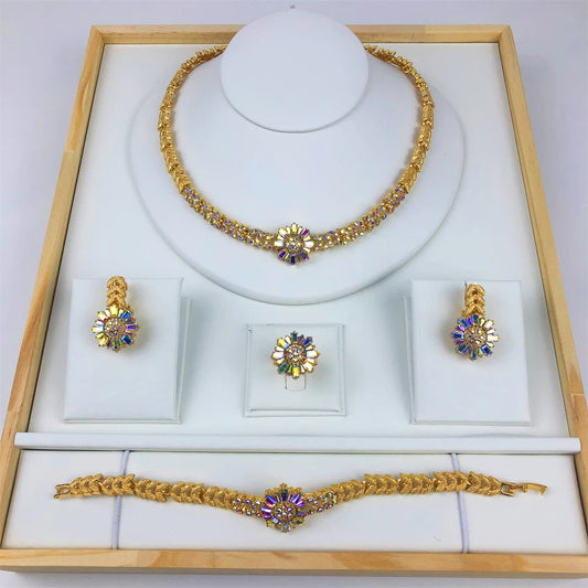 Luckacco TITI Africal Gold Color Jewelry Set Sparkly Prom Jewellery Design Necklace Bracelet Earrings Ring Dubai Bridal Wedding Gifts