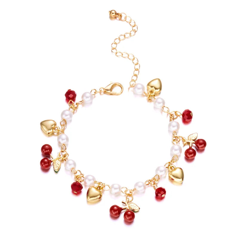 luckacco sweet cute red strawberry cherry heart pearl charm bracelet new fashion y2k fruit gold color chain jewelry party gifts 2025