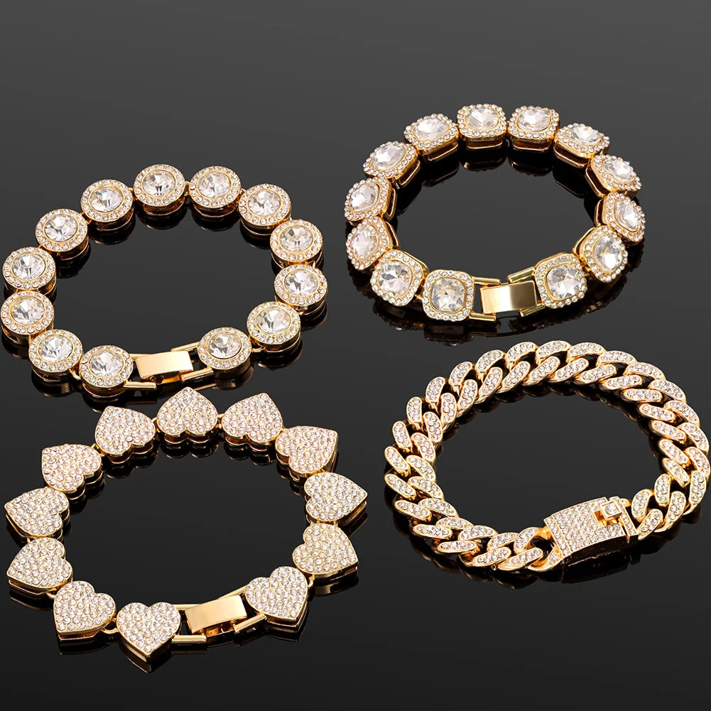 luckacco iced out pink cuban bracelet for women hip hop gold silver color crystal heart circle square bracelet 4pcs set jewelry gift