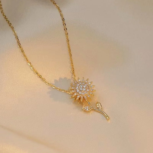 Luckacco Classic Sunflower Cubic Zirconia Pendant Necklaces For Women Gold Color Alloy Rotate Necklace Daily Jewelry Gold Color B
