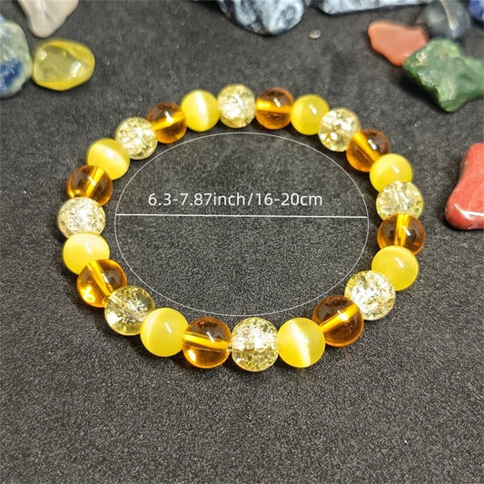 Luckacco Handmade Cat's Eye Stone Bracelet Yellow Natural Crystal Beaded Bangle for Attract Wealth Jewelry Men Women Positive Energy Gift