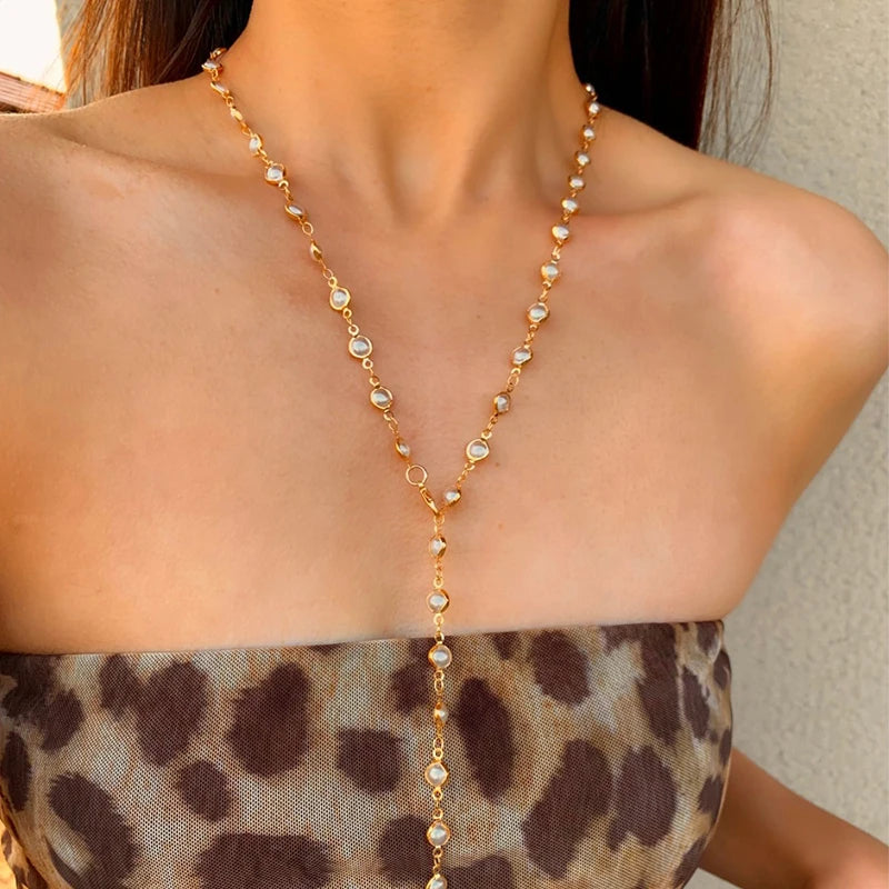 luckacco 2025 new french retro pearl long chain tassel necklace ladies gentle trend elegant holiday accessories y2k simple jewelry 80cm