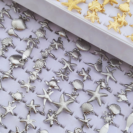 Luckacco 10 Pcs Stainless Steel Ocean Shell Conch Sea Turtle Fish Tail Dolphin Bead Ring Jewelry Size Opening Adjustable Party Gift