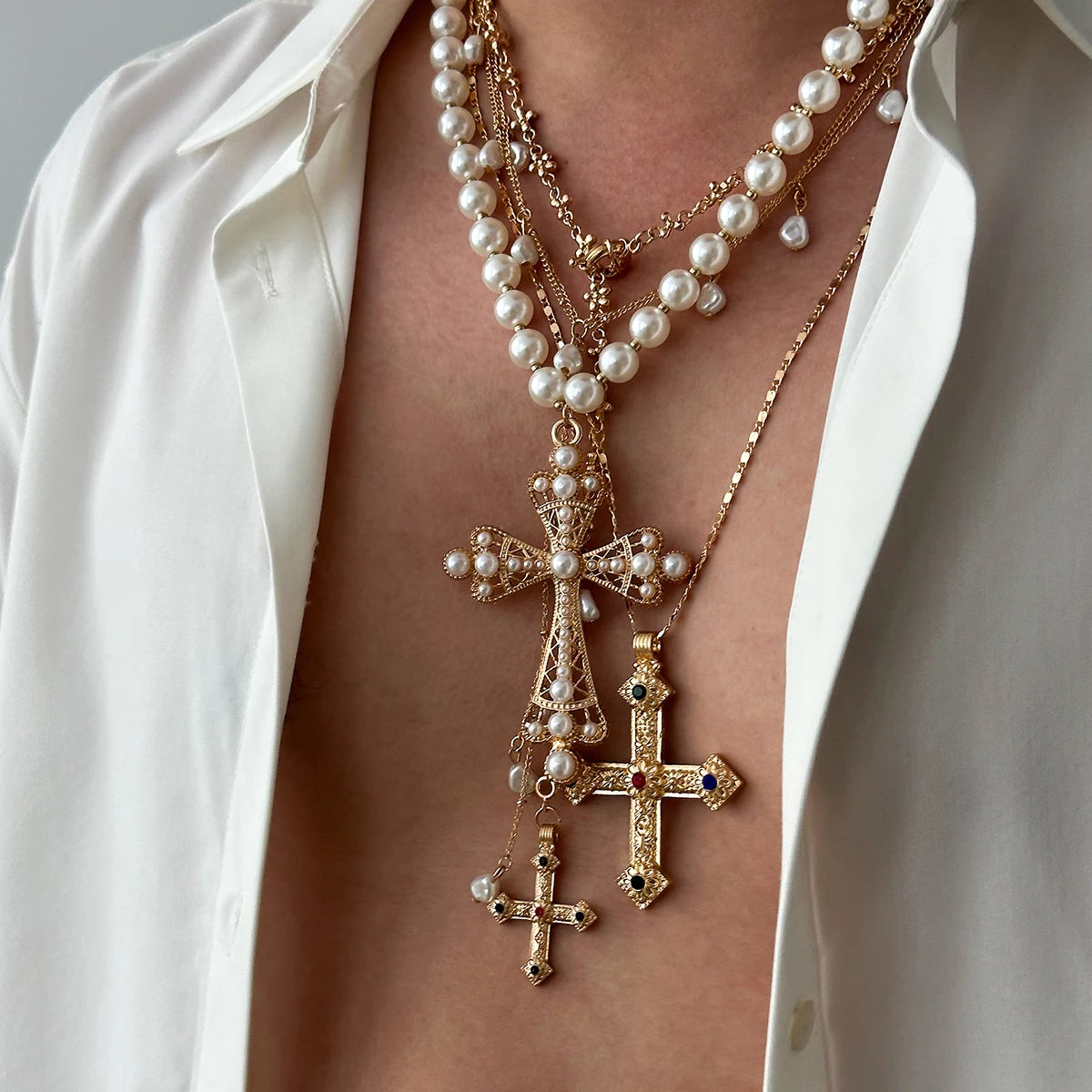 luckacco ingemark vintage creative big imitation pearl jesus cross pendant choker necklace for men luxury adjustable chain grunge jewelry