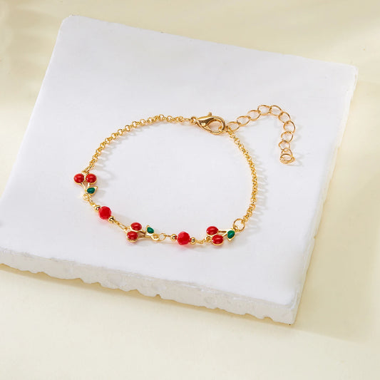 Luckacco Sweet Cute Red Strawberry Cherry Heart Pearl Charm Bracelet New Fashion Y2K Fruit Gold Color Chain Jewelry Party Gifts 2025