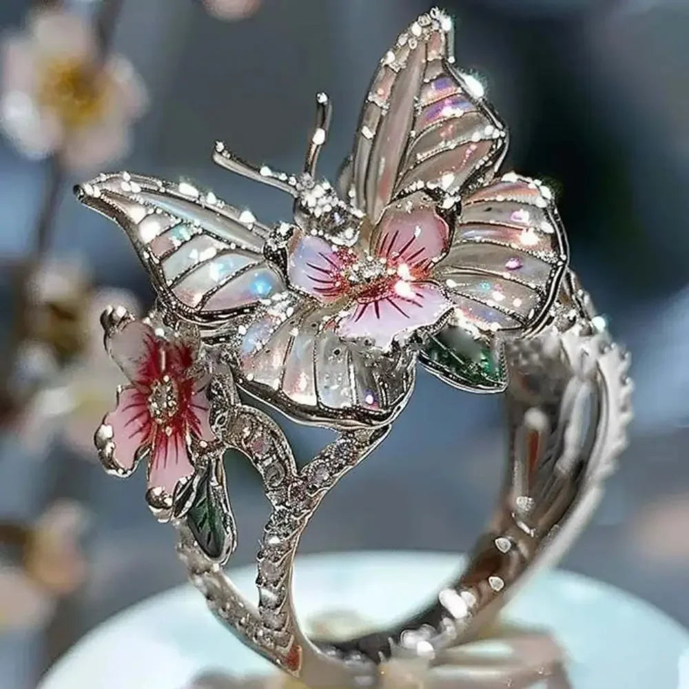 luckacco aesthetic flower butterfly rings for female romantic rhinestone stylish non-fading opening ring women wedding jewelry party gift