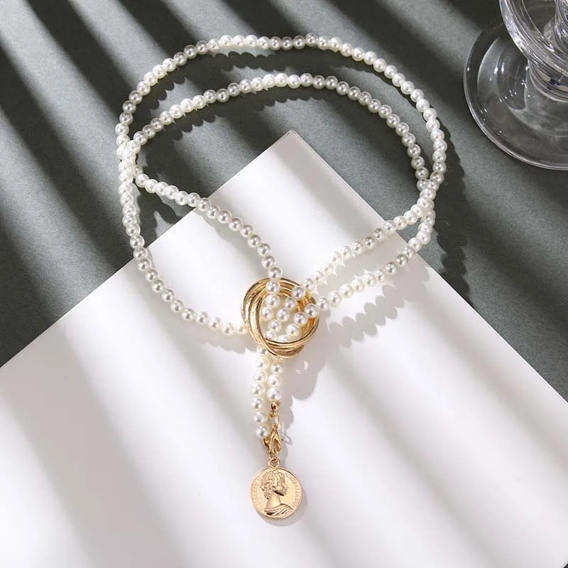 luckacco vintage pearl pendant necklace for women elegant beaded long tassel sweater collar chain accessories temperament fashion jewelry