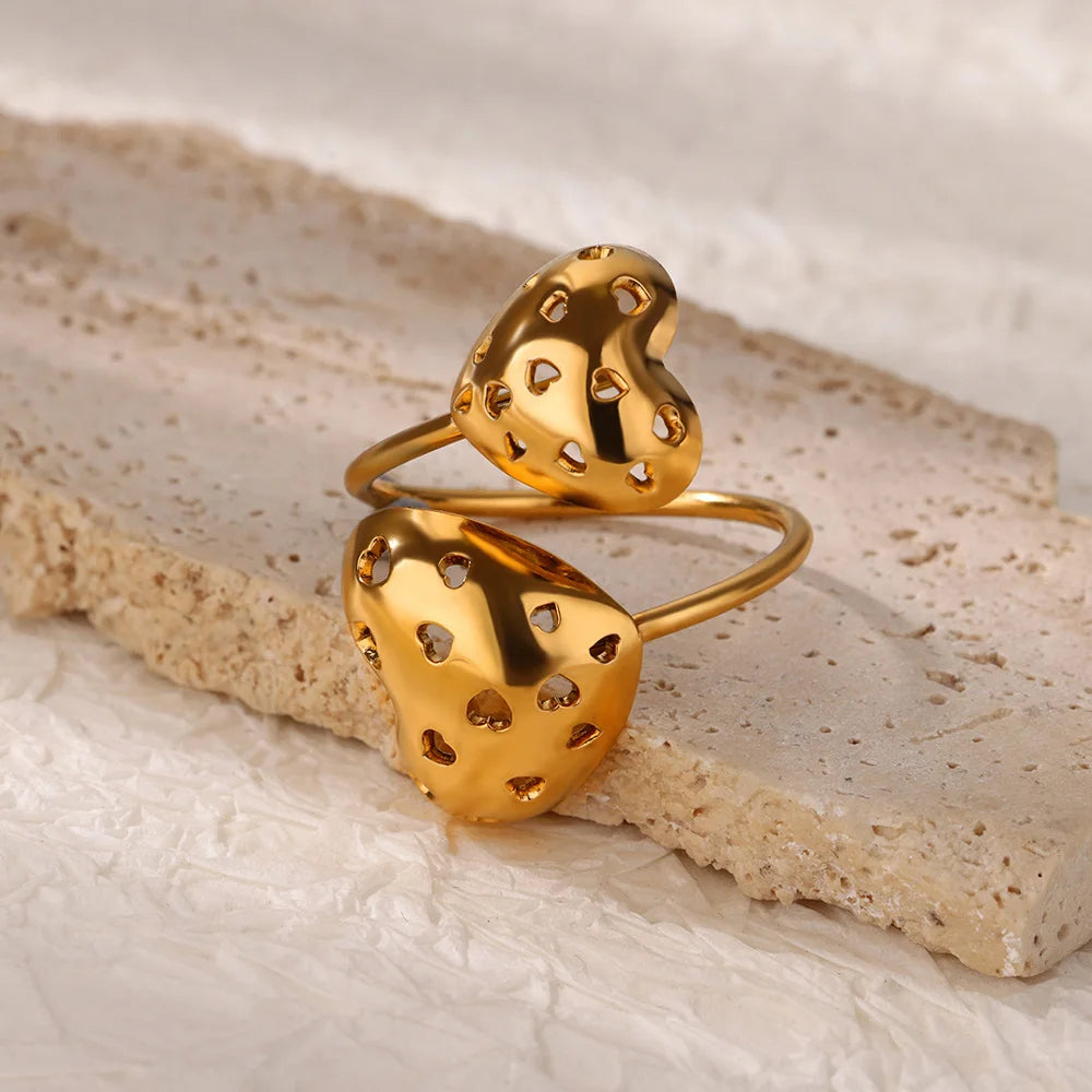 luckacco double heart rings for women gold color stainless steel open adjustable ring female fashion party wedding aesthetic jewelry gift