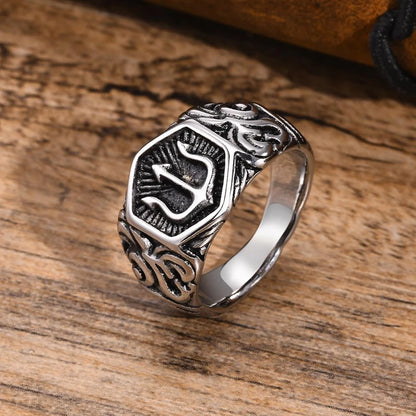 Luckacco 13.3mm Poseidon Trident Ring for Men Ancient Greek New Stainless Steel Amulet Ring Jewelry Gift