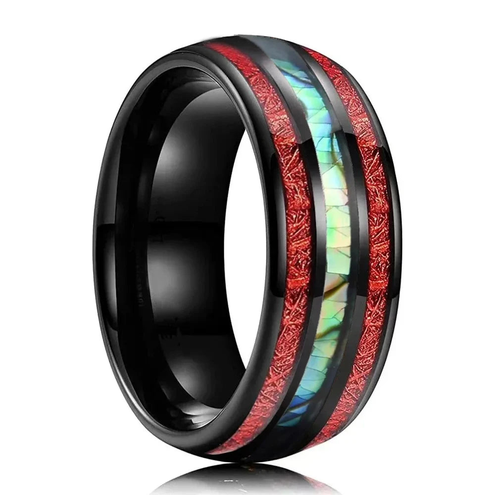 luckacco fashion 8mm men stainless steel rings inlay meteorite abalone shell rings for men women wedding engagement band jewelry gift