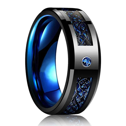 Luckacco Fashion 8mm Black Tungsten Wedding Celtic Dragon Rings Inlaid Blue Zircon Stainless Steel Rings for Men Blue Carbon Fibre Ring