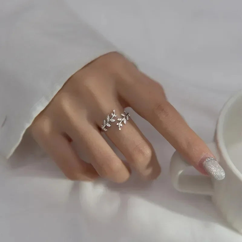 luckacco leaf shape design adjustable opening rings for women sparkling cubic zirconia olive ring party daily wear fashion jewelry