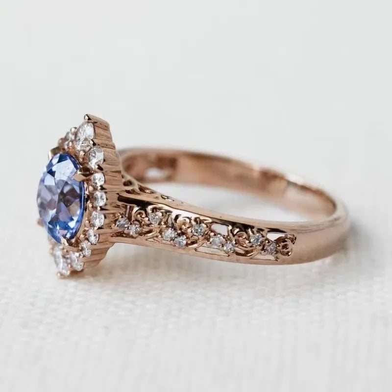 luckacco elegant rose gold color inlaid with blue white stone rings flower round party engagement wedding rings for women jewelry