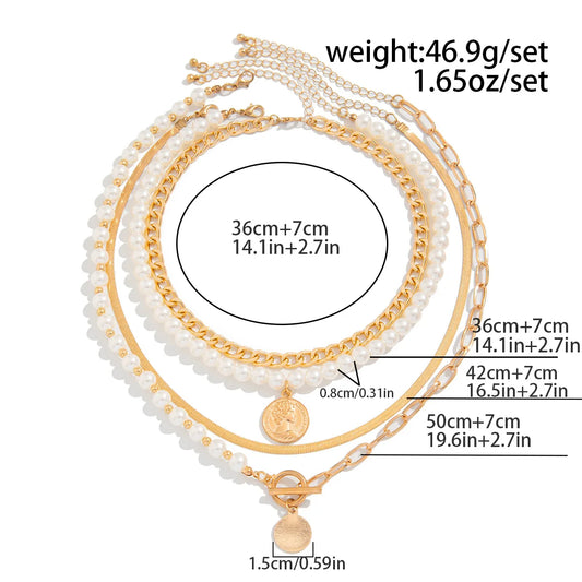 Luckacco Boho Gold Color Metal Round Pendant Necklace 2025 Women's Multi Layer Sweet Imitation Pearl Snake Chain Girls Fashion Jewelry