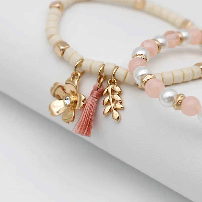 luckacco beaded cute bracelets set for women pink cream tassel leaf flower sweet romantic stretch trendy fashion jewelry gifts 2021113