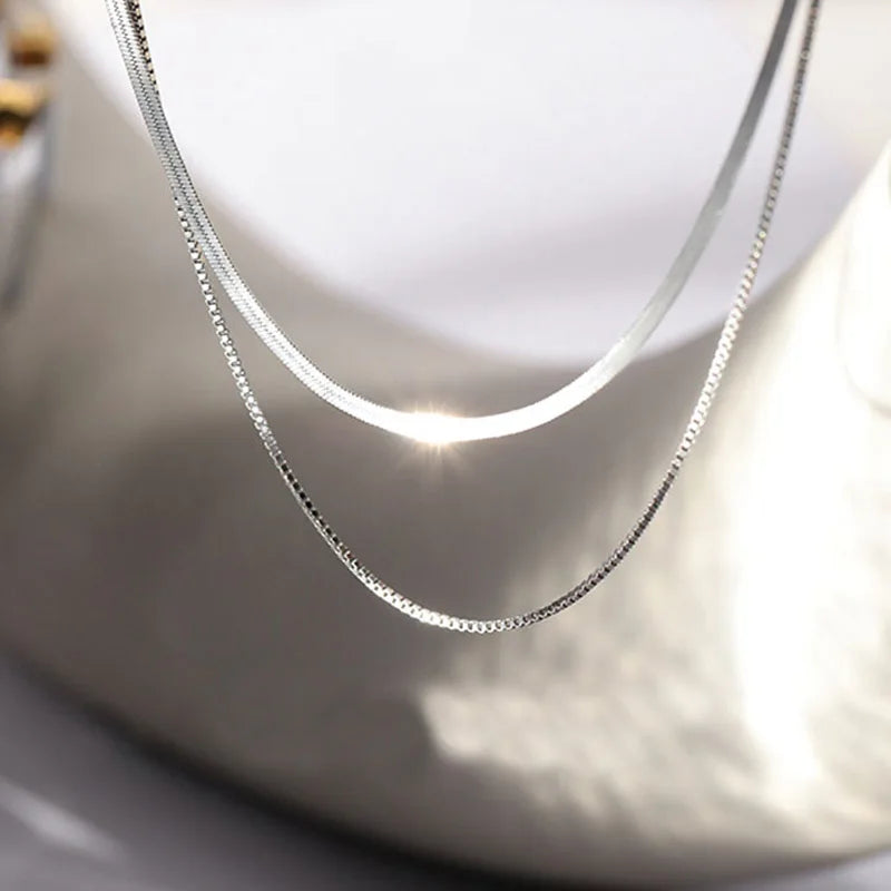 luckacco 2023 s925 silver double layer box chain snake clavicle chain necklace female fashion hip-hop retro unique design fine jewelry