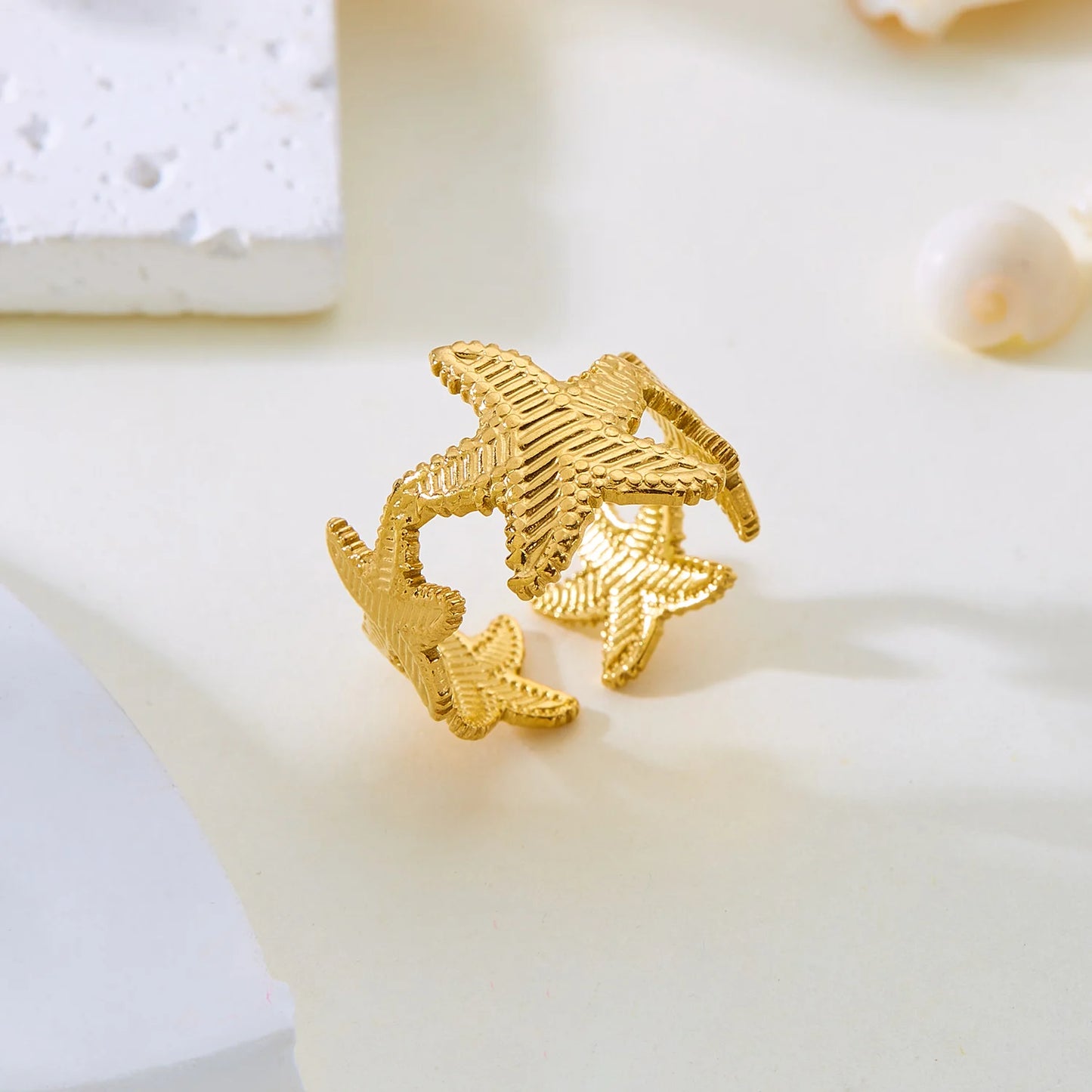 luckacco trendy gold color stainless steel ring for women bohemian shell starfish conch flower butterfly heart ring party jewelry gift