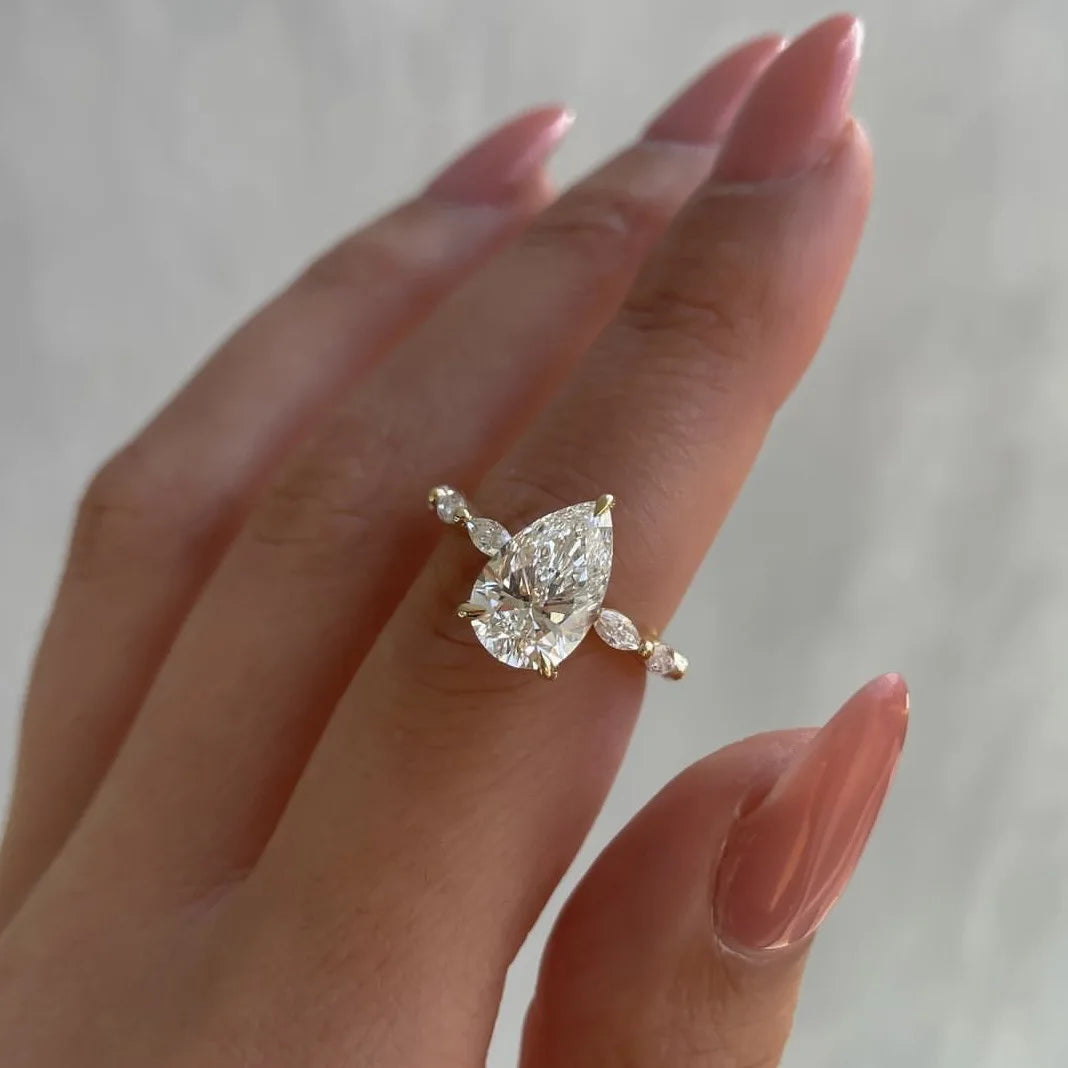luckacco hot selling gold plated stainless steel rings for women water drop zircon wedding ring jewelry accessories  size 6-11