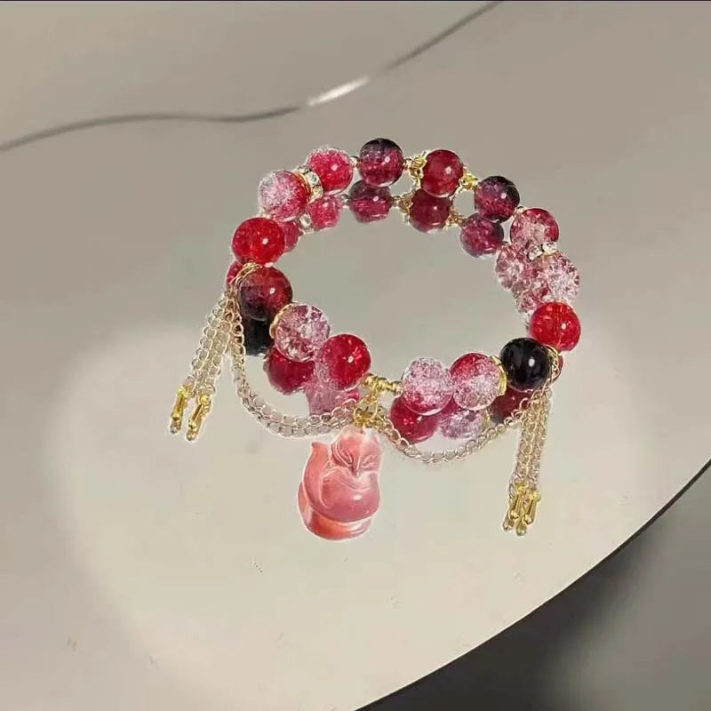 luckacco 2024 new trendy red crystal beaded bracelets for women simple tassel handmade beads fox pendant bracelets jewelry accessories