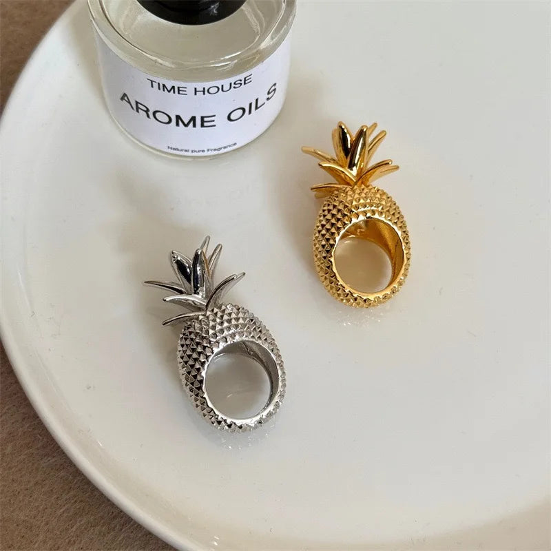 luckacco new summer retro metal fruit pineapple gold silver colour wide ring vintage women girl jewelry accessories gift 2025