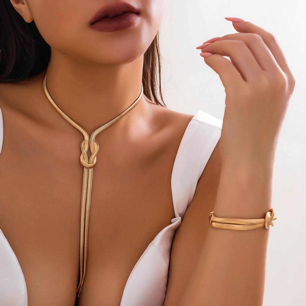 luckacco 2pcs/set sexy smooth long snake twisted chain necklace bracelet for women vintage goth tassel choker y2k jewelry accessories new