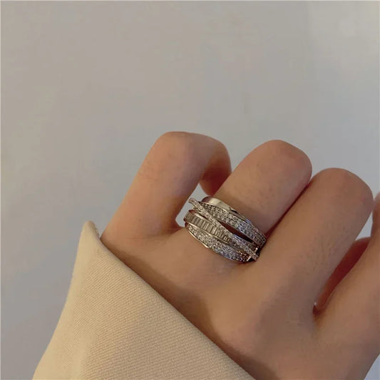 Luckacco 2024 Silver Color Rhinestone Ring Multi-layer Winding Rings for Women Wedding Full Zircon Finger Rings Fashion Jewelry Gifts