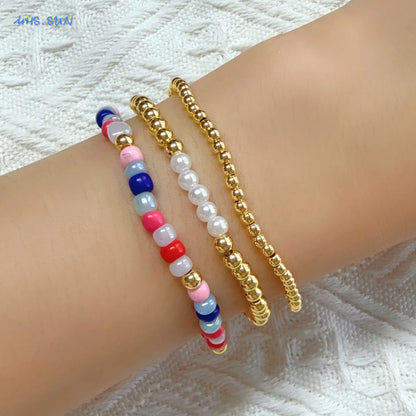 Luckacco MHS.SUN New Bohemian Gold Plated Metal Beaded Bracelets Colorful Rice Beads Bracelet Birthday Party Jewelry For Women Men