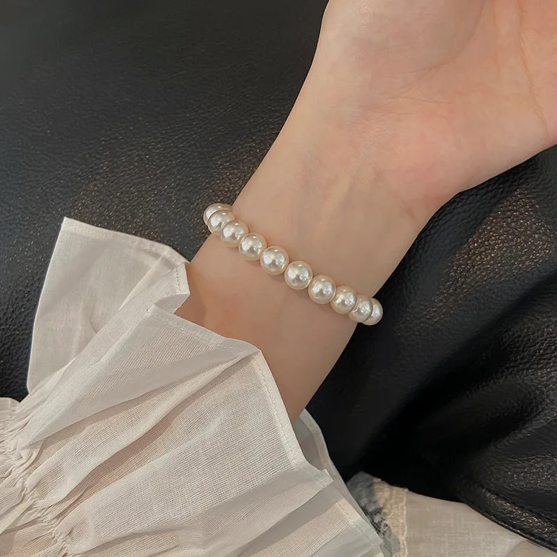 luckacco 4mm-10mm french retro simple white pearl elastic bracelet women's hand bracelets birthday party gift fashion jewelry
