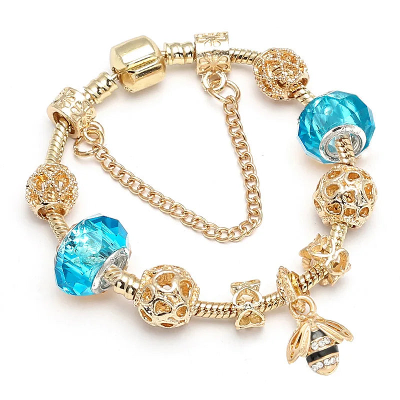 luckacco togory 2024 authentic gold color bees dangles charm bracelet white crystal beads fine bracelet for women kids birthday gifts