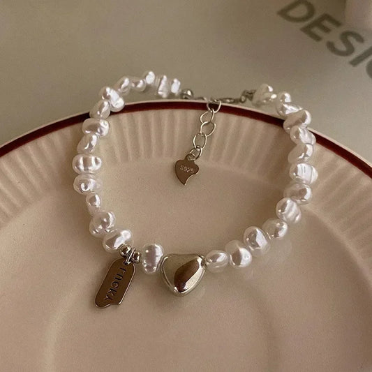 Luckacco New 925 Sterling Silver Bracelet Pearls Knots Bracelet for Women Fashion Heart Pearls Bracelet  Luxury Jewelry Accessories Gift