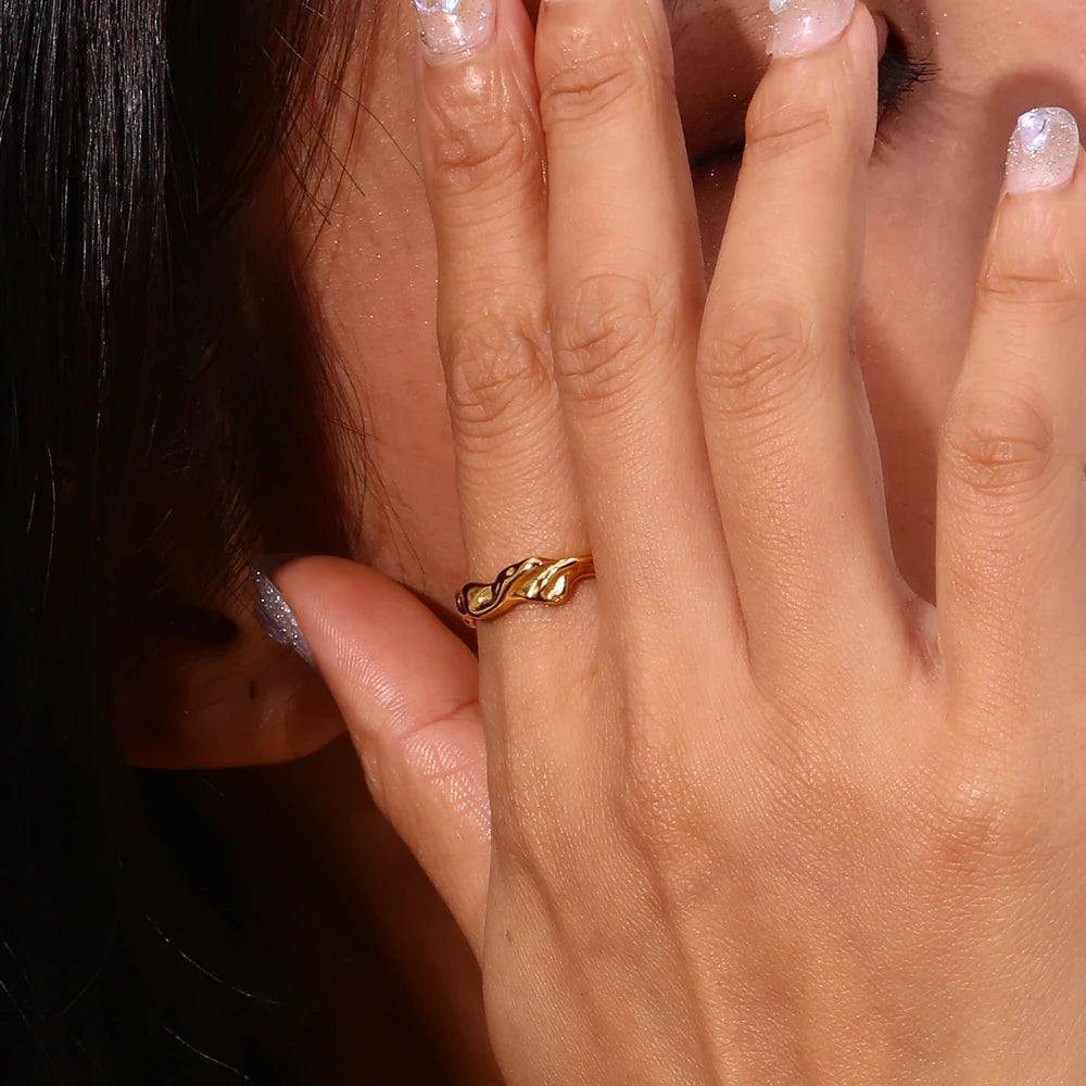 luckacco casting irregular water wave hammered gold plated index finger rings for woman minimalist basics stainless steel rings jewelry