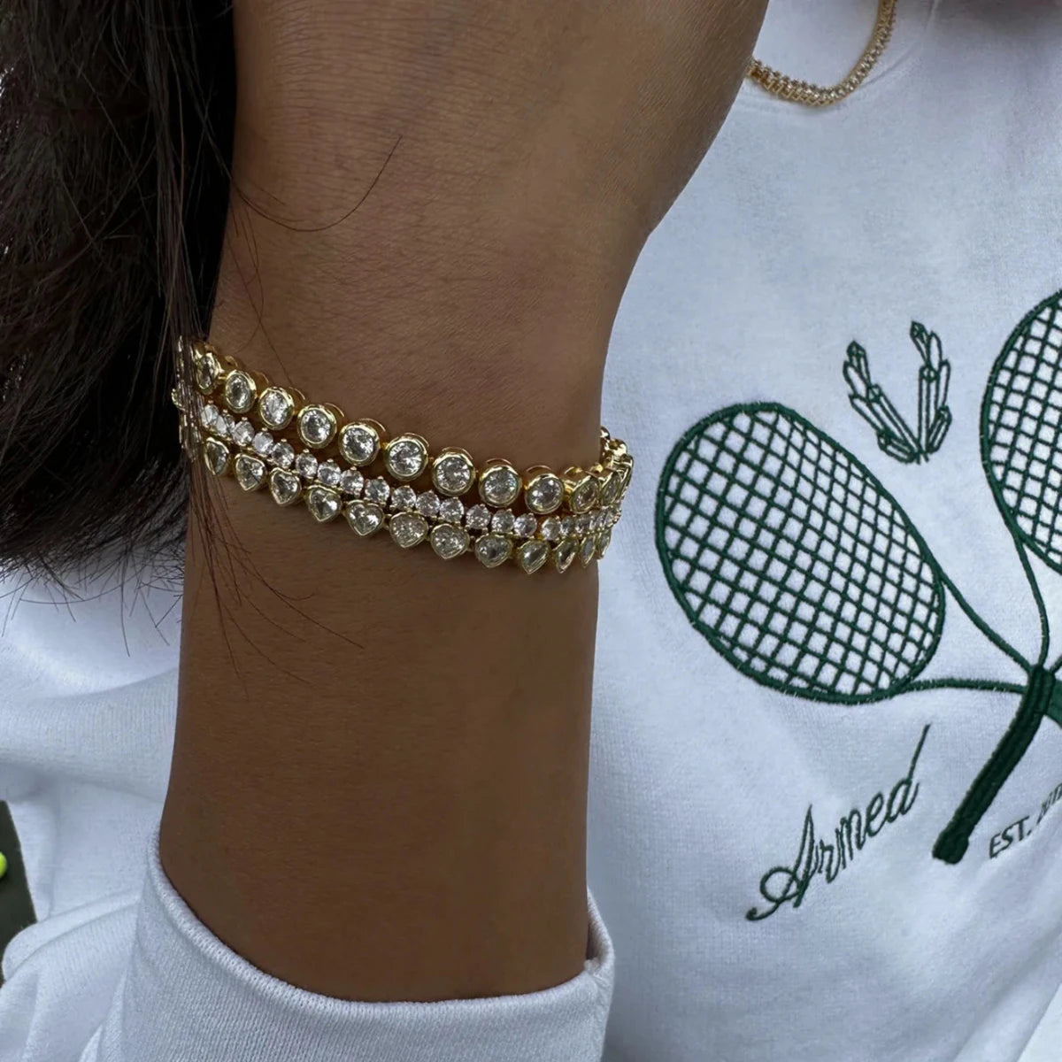 luckacco uworld fashion trend zircon heart tennis chain bracelet 18k gold color plated stainless steel round chain stackable bracelet wom