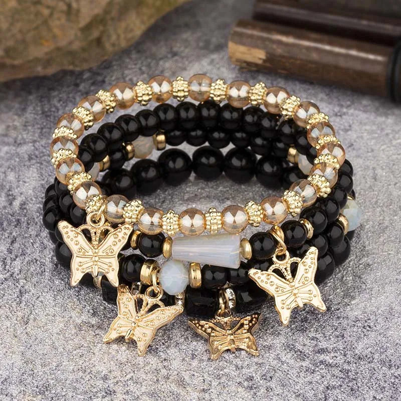 luckacco 4pcs bohemian butterfly charm bracelet set for women crystal beads chain bangle female fashion party jewelry gift