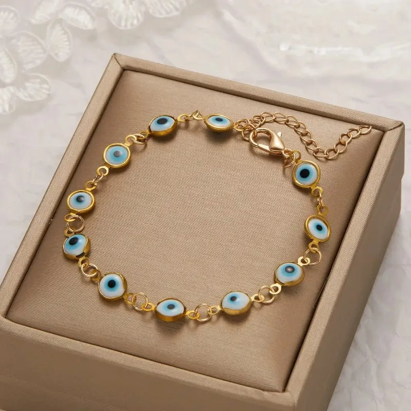 luckacco lucky turkey evil eye bracelet for women men colorful red blue eye adjustable metal chain bangles good luck wealth jewelry gifts