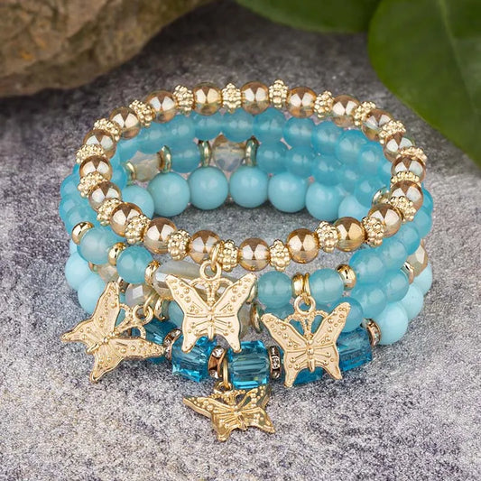 Luckacco 4Pcs Bohemian Butterfly Charm Bracelet Set For Women Crystal Beads Chain Bangle Female Fashion Party Jewelry Gift