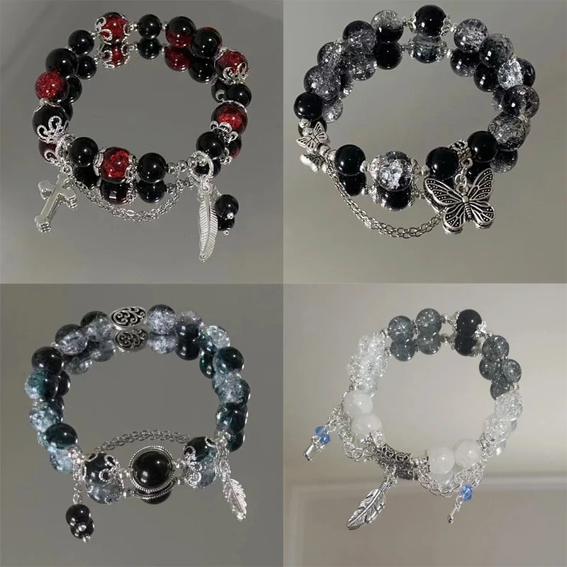 luckacco fashion chinese style feather butterfly pendant beaded bracelet for girls women light luxury jewelry accessories gift