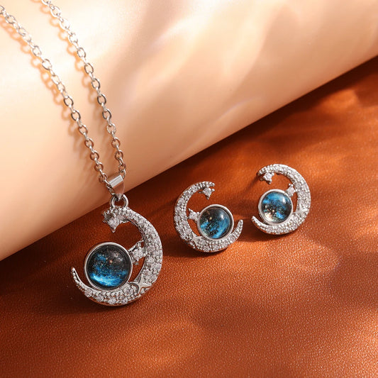 Luckacco Light Luxury Titanium Steel Star Series Necklace for Women Gold Color Planet Moon Astronaut Pendant Necklaces Jewelry Gifts Sliver Color Set-1